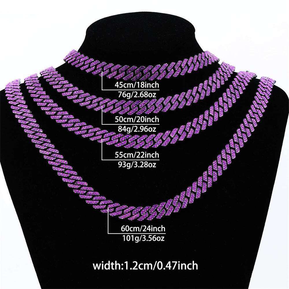 12MM Rhombus Prong Cuban Link Chain 2Row Purple Iced Out Rhinestones Rapper Necklaces Bracelet For Men Women Choker Jewelry
