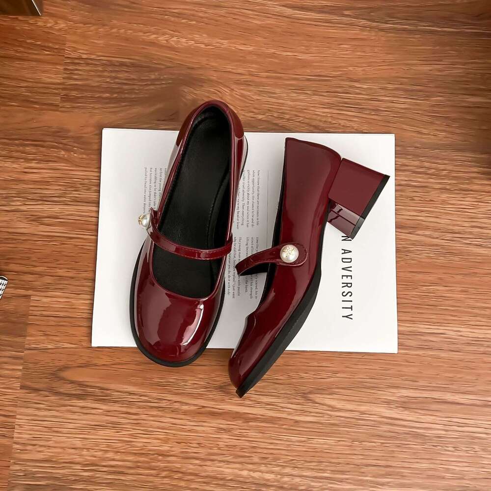 2025 New French Style Mary Jane Shoes with Pearl One-Strap Shallow Mouth Chunky Heel Red High Heels for Women