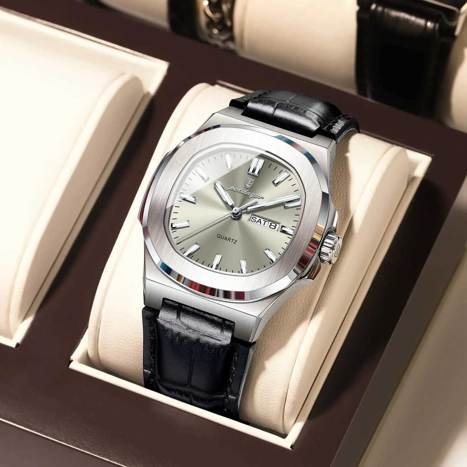 POEDAGAR High Quality Watch For Men Luxury Luminous Waterproof Week Calendar Man Clock Leather Square Mens Quartz Watches Reloj W250724