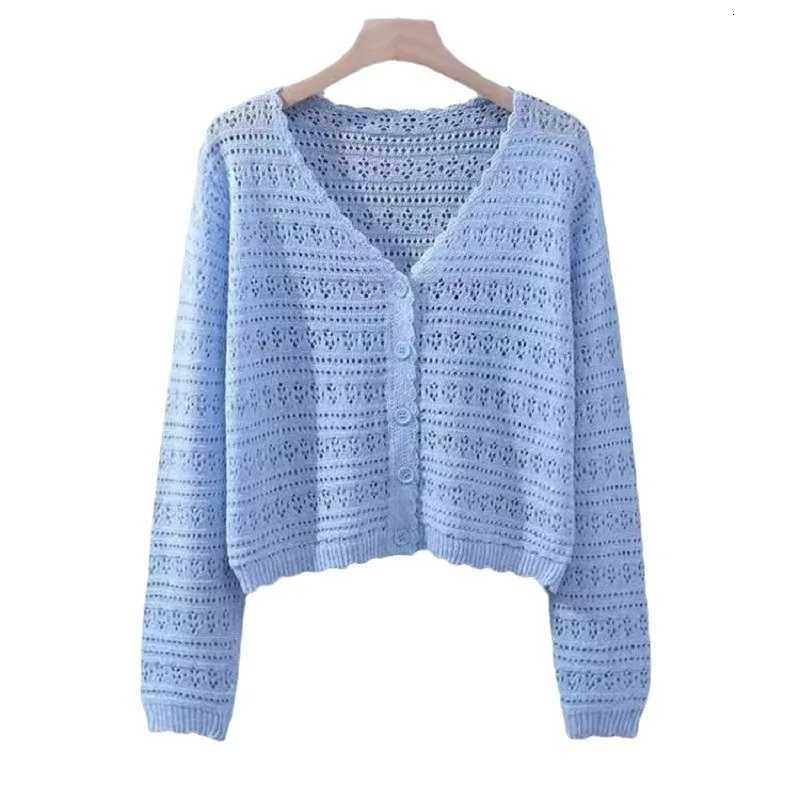 V-neck long-sleeve cardigan jacket sun protection cardigan outerwear thin jacket womens summer hollow knit jacket X250724