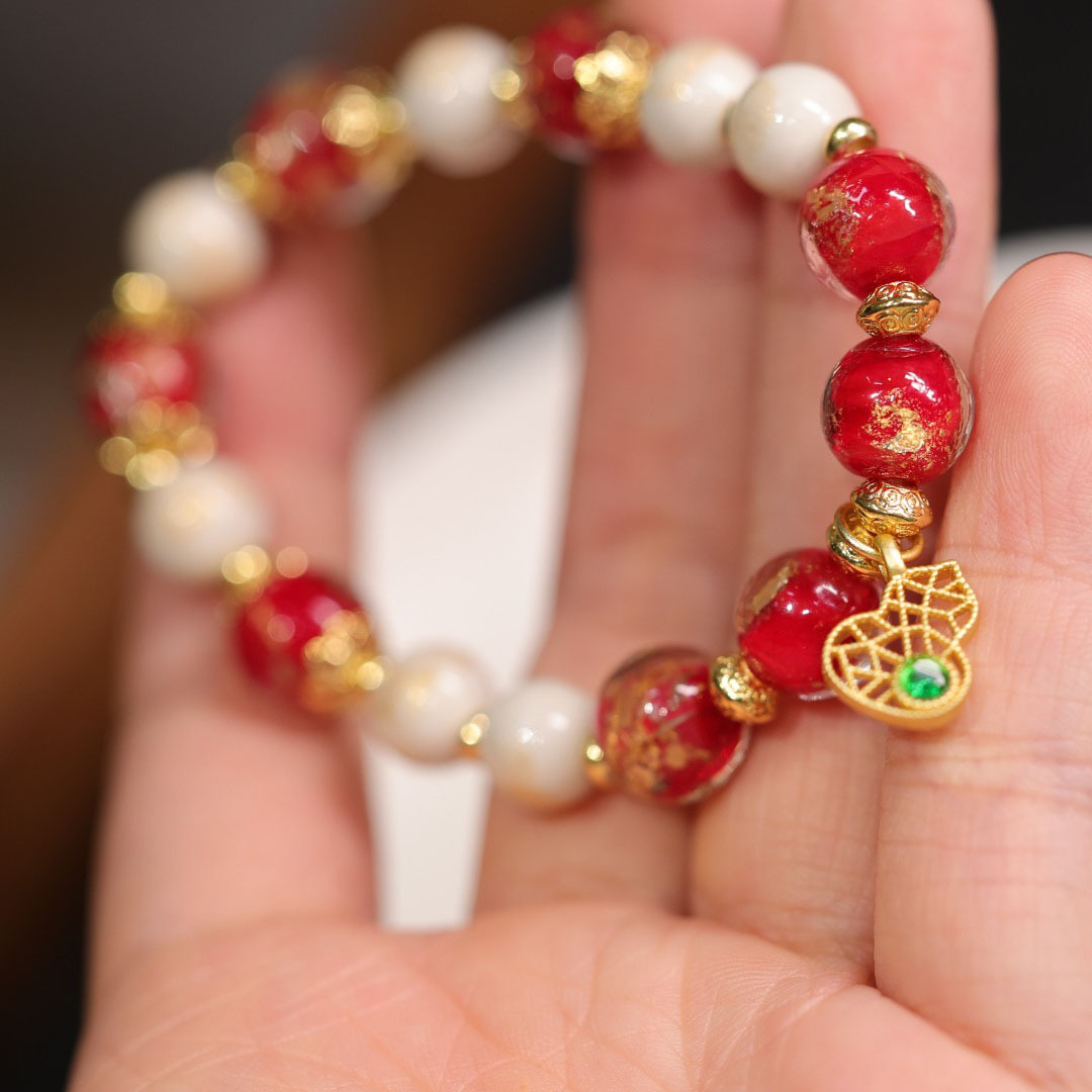 Elegant Versatile Chinese Style Gold Foil Ash glazed Glass Beaded Bracelet for Women Multicolored Treasures Mascot inspired with Imperial Ethnic Flair