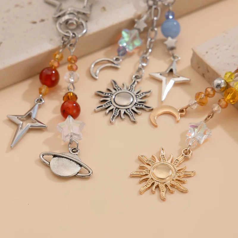 3Pcs/set Punk Stars Moon Sun Pendant Bag Keychain for Women Men Boho Colorful Beads Key Ring Bag Chain Y2K Jewelry Gift 250722
