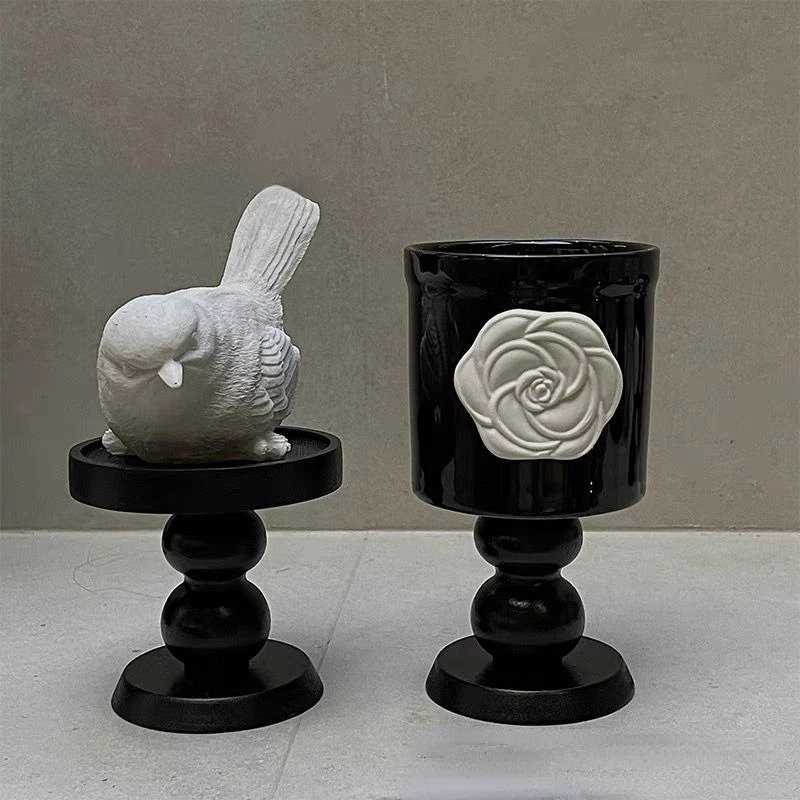 Luxury French Camellia Black Ceramic Mug Aromatherapy Cup Coffee Mugs Home Decoration Candle Wooden Holder Household Ornaments 250724