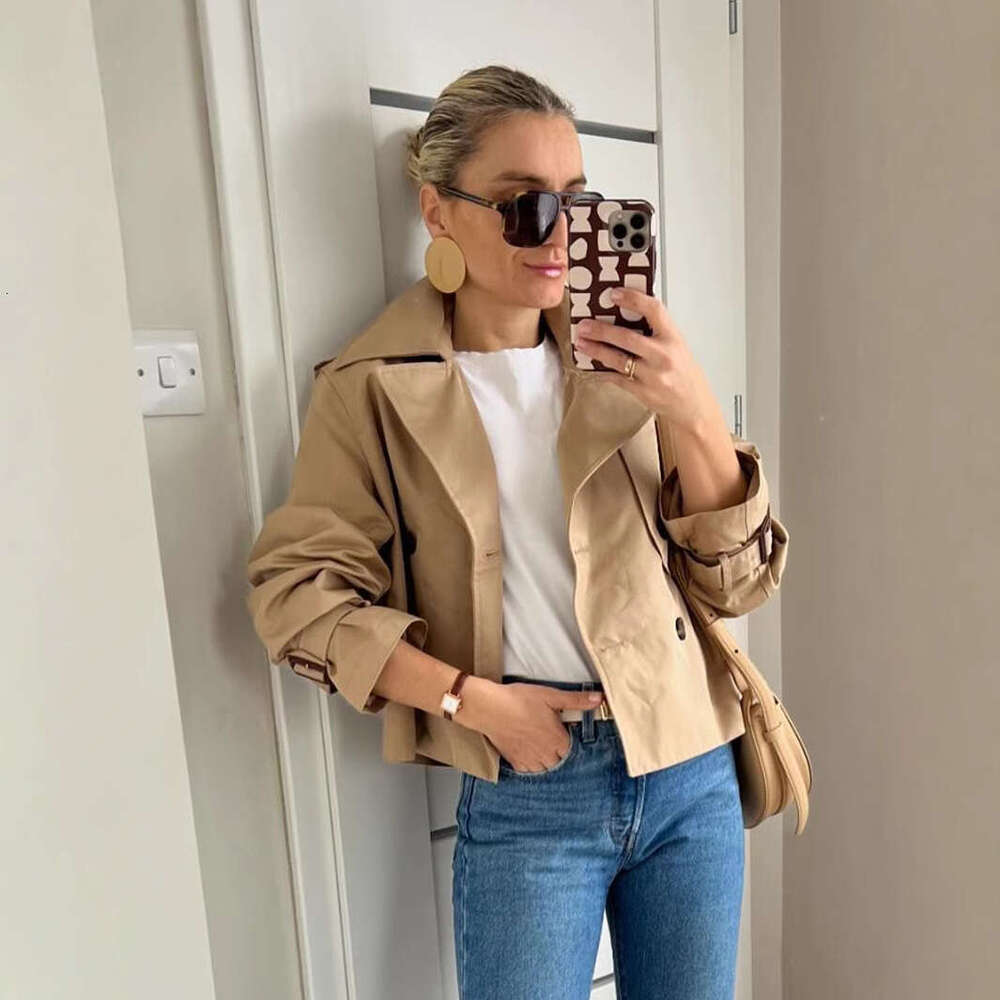 TRAFZA Autumn New Women's Fashion Short Trench Coat With Turn-Down Collar And Double Breasted Long Sleeve Jacket B5