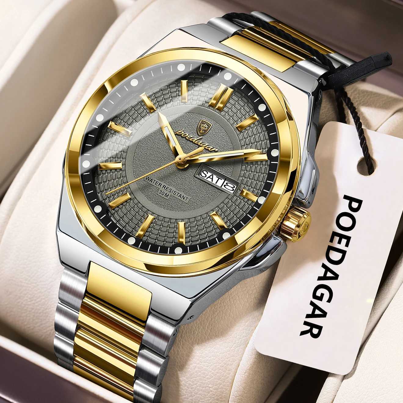 POEDAGAR Top Original Mens Watches Stainless Steel Waterproof Luminous Man Watch Date Week Classic Trendy Quartz Men Wristwatch W250724
