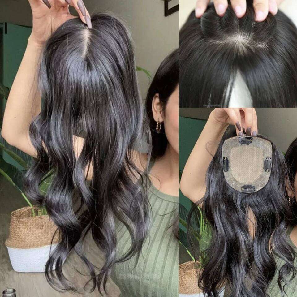 15x16cm Women Human Base Topper Silk Top Toupee Natural Wave Virgin European Hair Piece with Clip In & PU Free Part