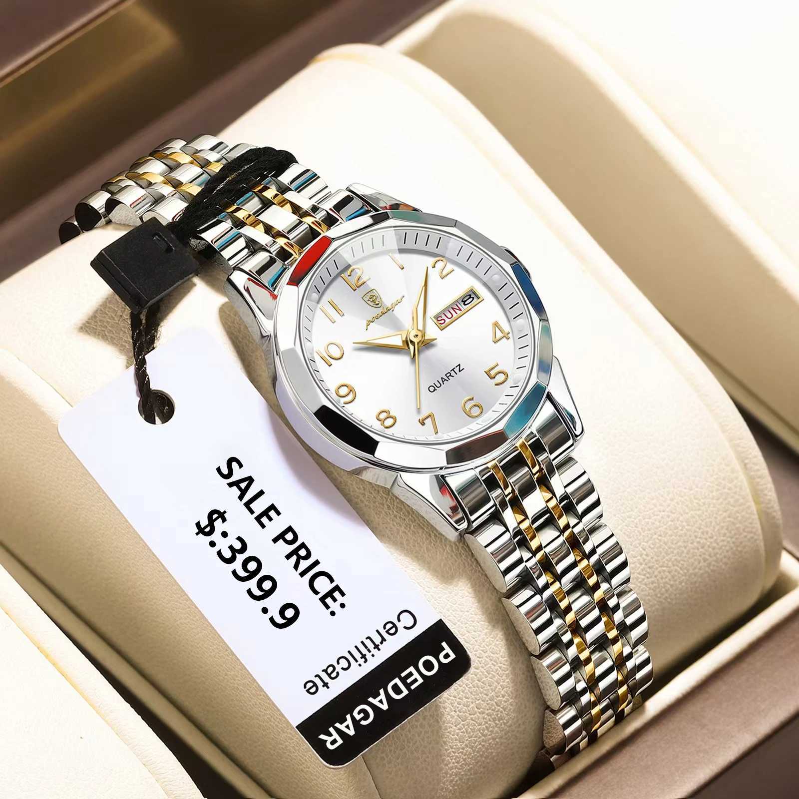 POEDAGAR Fashion Ladies Watch Waterproof Luminous Date Week Watch for Women High Quality Stainless Steel Womens Quartz Watches W250724
