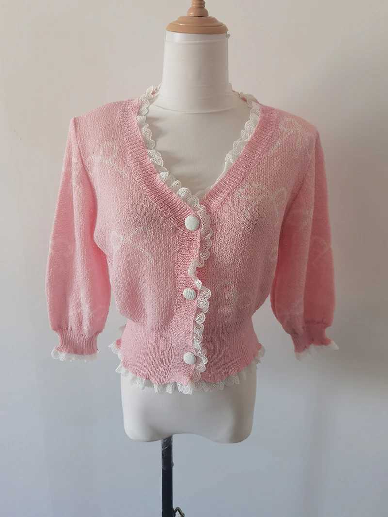 2024 New Summer Knitted Tops Cardigan Korean Fashion V-neck Puff Sleeve Bow Design Short Slim Knit Cardigans Dongdaemun X250724