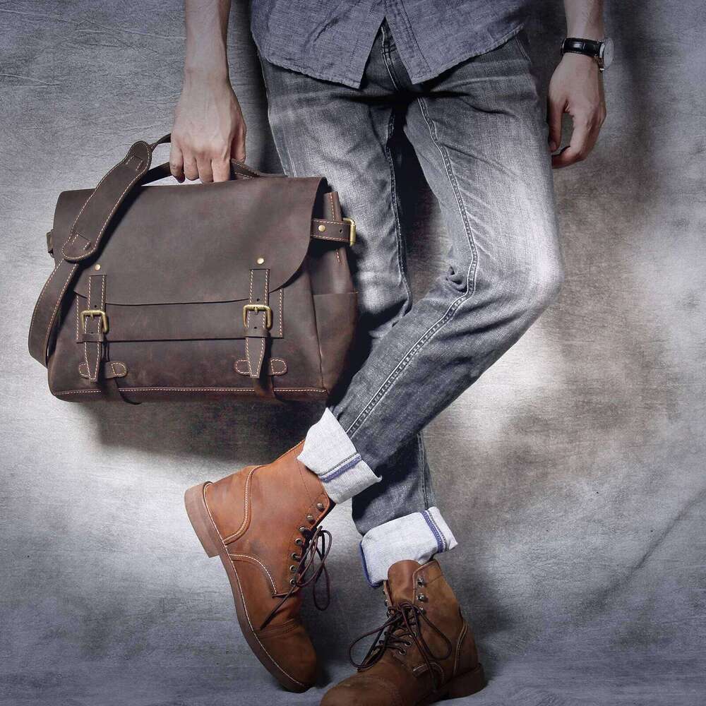 Vintage Genuine Men's Messenger Bag 14" Briefcase Laptop Bags Crazy Horse Leather Handbag Satchel Cowhide Retro Casual