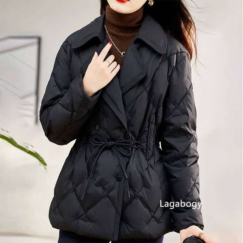 Lagabogy 2025 Autumn Women White Duck Down Double Breasted Jacket Winter Adjustable Waist Outwear Turn-Down Collar Puffer Coat 250725