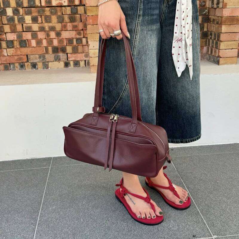 Retro Long Bowling Women Brand Design Large Capacity Shoulder Bags INS Fashion Genuine Leather Hangbags 2025 New