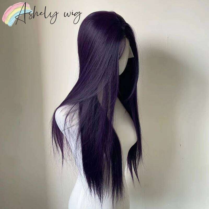 Dark Wig Long Straight Human Hair Purple Synthetic Front For Woman Daily Use Heat Resistant Fiber Glueless Lace Wigs