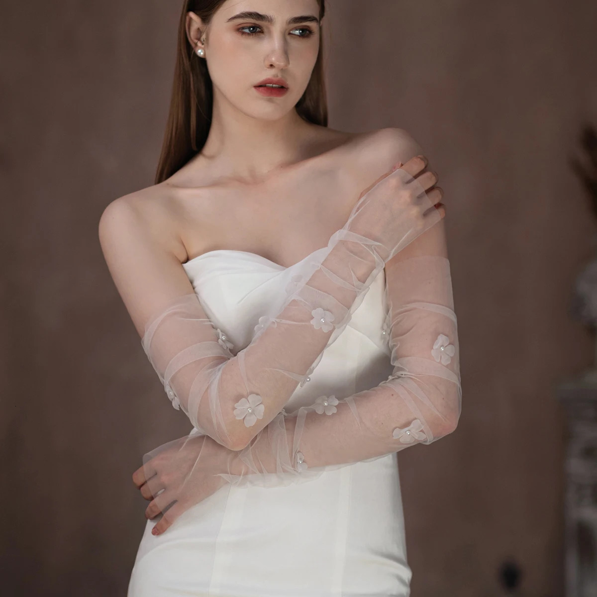 WG100 Elegant Wedding Bridal Gloves Soft Tulle Beading Yarn Flowers Long Fingerless Brides Bridesmaid Prom Pageant Cuff 250722