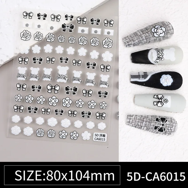 Little Fragrant Bow Nail Art Sticker 5D Relief Light Luxury Black And White Teddy Stamp Nail Sticker Jewelry CA Model