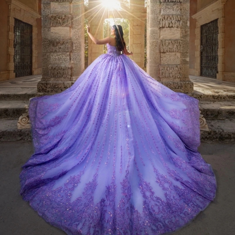 Lavender Shiny Quinceanera Dresses Off Shoulder Ball Gown Sweet 16 Dress Sequin Applique Lace Beading Crystal Tull Birthday Party Vestidos 15 De Anos