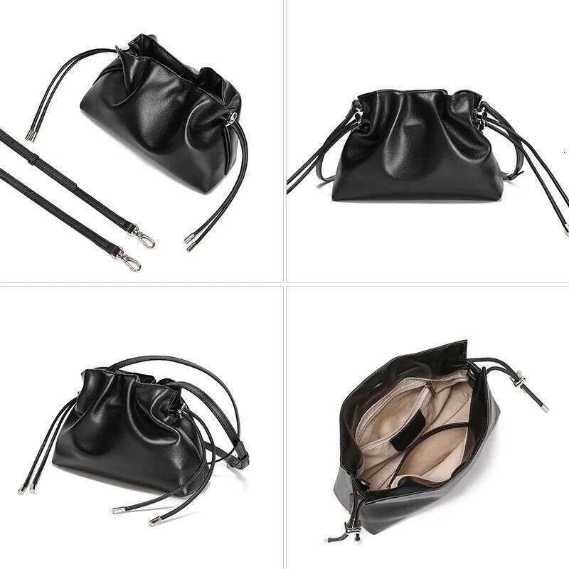 Pleated Cloud Crossbody - Premium Genuine Leather Drawstring Shoulder Purse, Versatile Small Bag for Elegant Lady