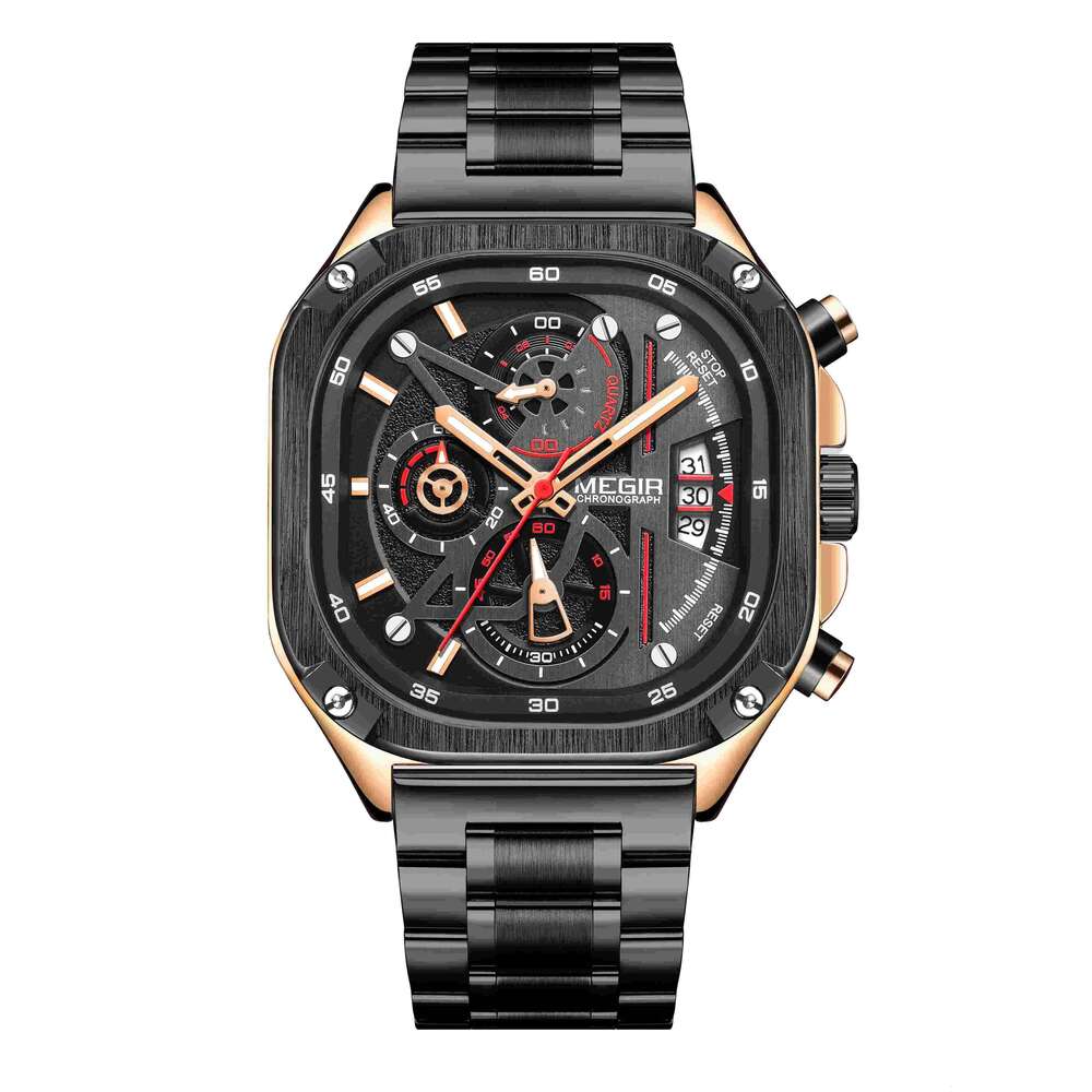 DHwatches MEGIR Men's Square Watch - Digital-Analog Display, Luminous, 30M Waterproof, Stainless Steel, Multifunction Wristwatch