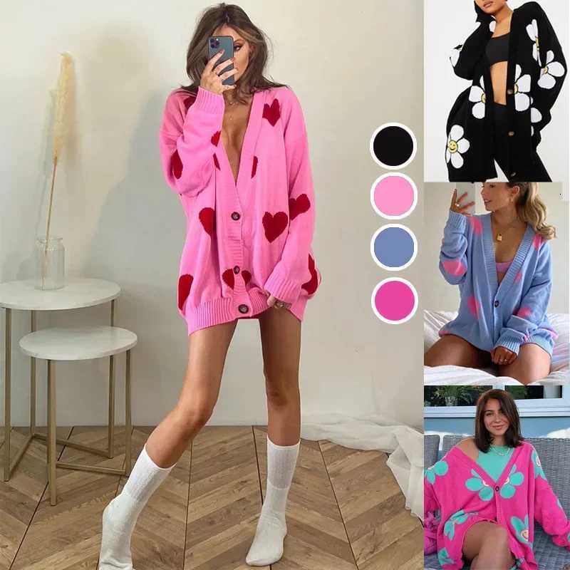 Europe and the United States Womens Sweater Love Flowers in the Long V-neck Coat Loose Casual Knitted Cardigan New Style X250724
