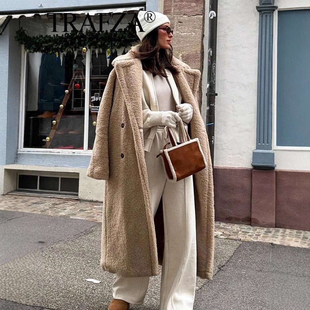 TRAFZA Women's INS Style Winter Warm Double-Breasted Long Shearling Coat B5