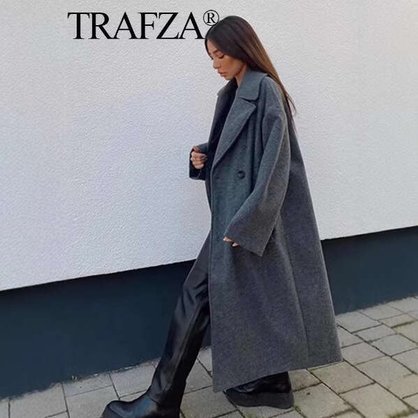 TRAFZA Autumn Winter New Women's Streetwear Warm Double-Sided High-End Light Luxury Trench Coat Jacket B5