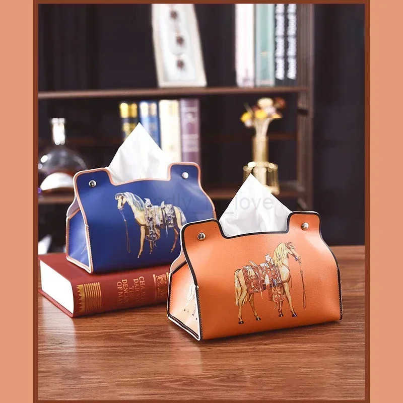 Multifunctional Car Vintage PU Leather Tissue Holder Retro Style Desktop Napkin Dispenser with Cosmetic Storage Organizer M250724