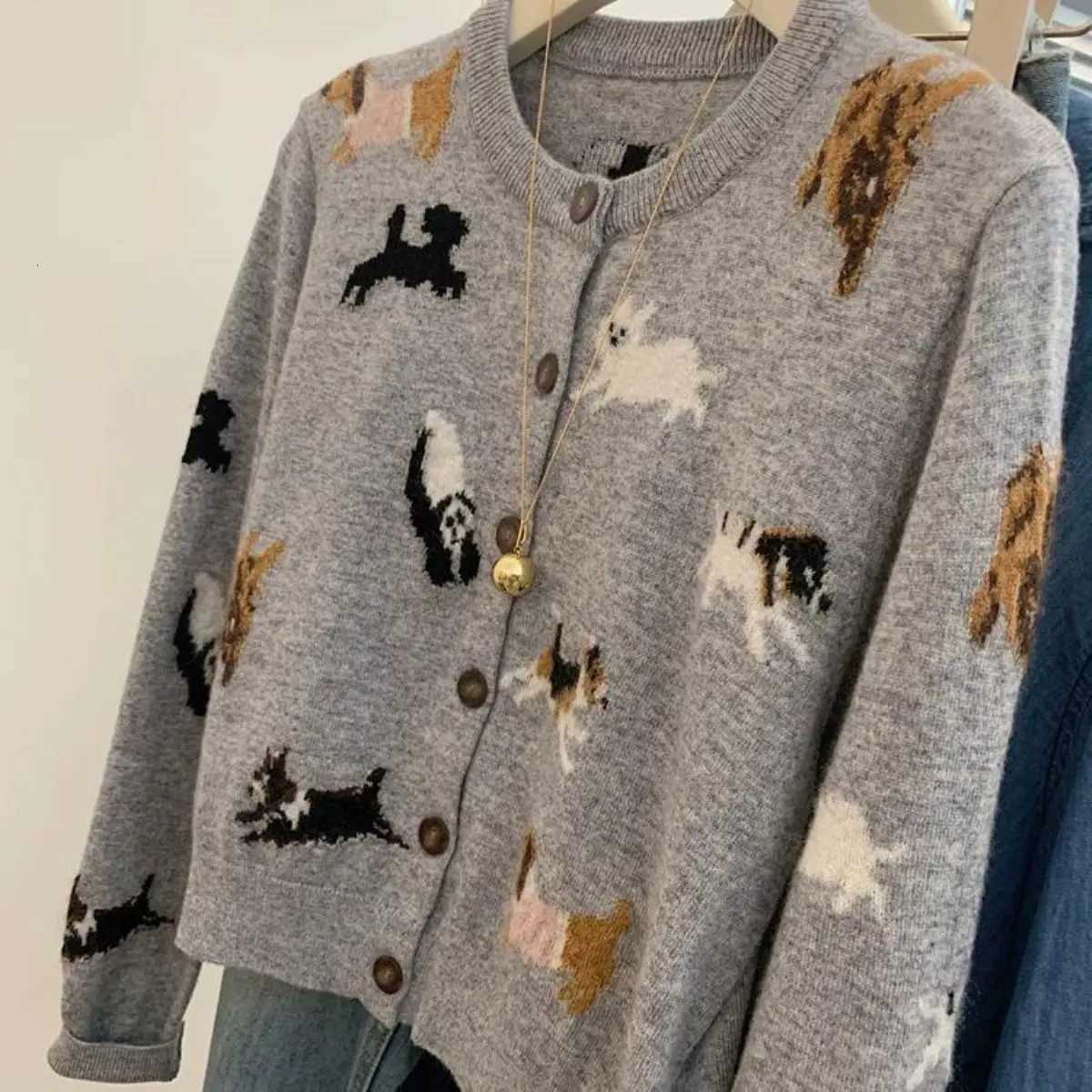 Spring Autumn Womens Dog Jacquard Sweater Knit Cardigan X250724