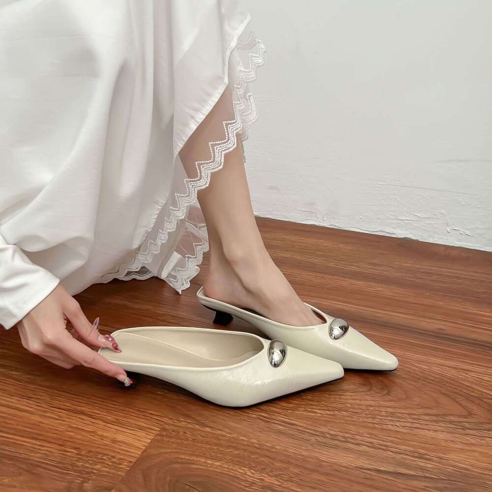 2025 Summer New Backless Sandals for Women Fashion Brand Same Style Closed-Toe Slippers French Mid-Heel Single Shoes