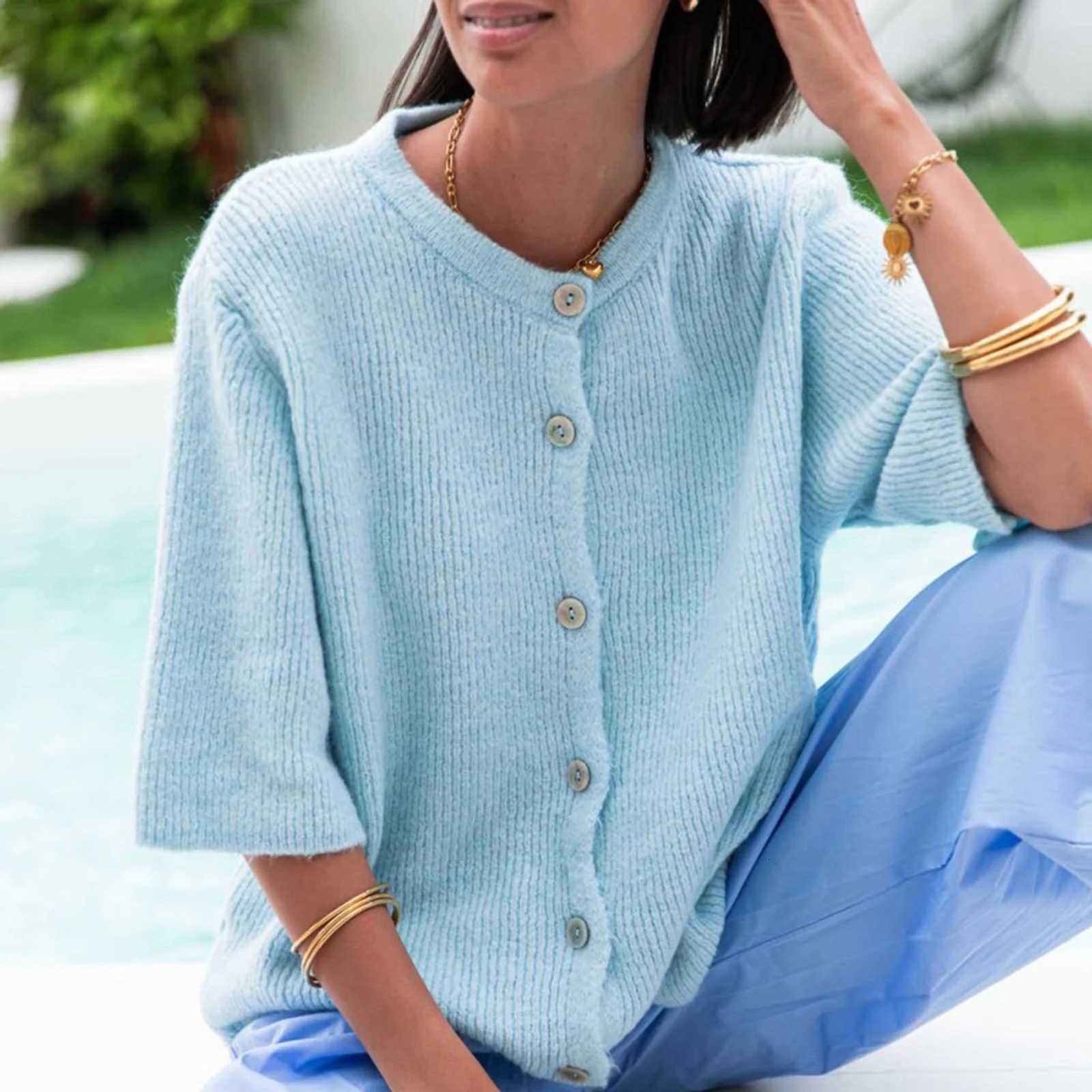 Women Knitted Crop Cardigan Shirt Short Sleeve Button Down Ribbed Knit Crop Top Y2k Girls Outerwear Top T Shirt for Winter Fall X250724