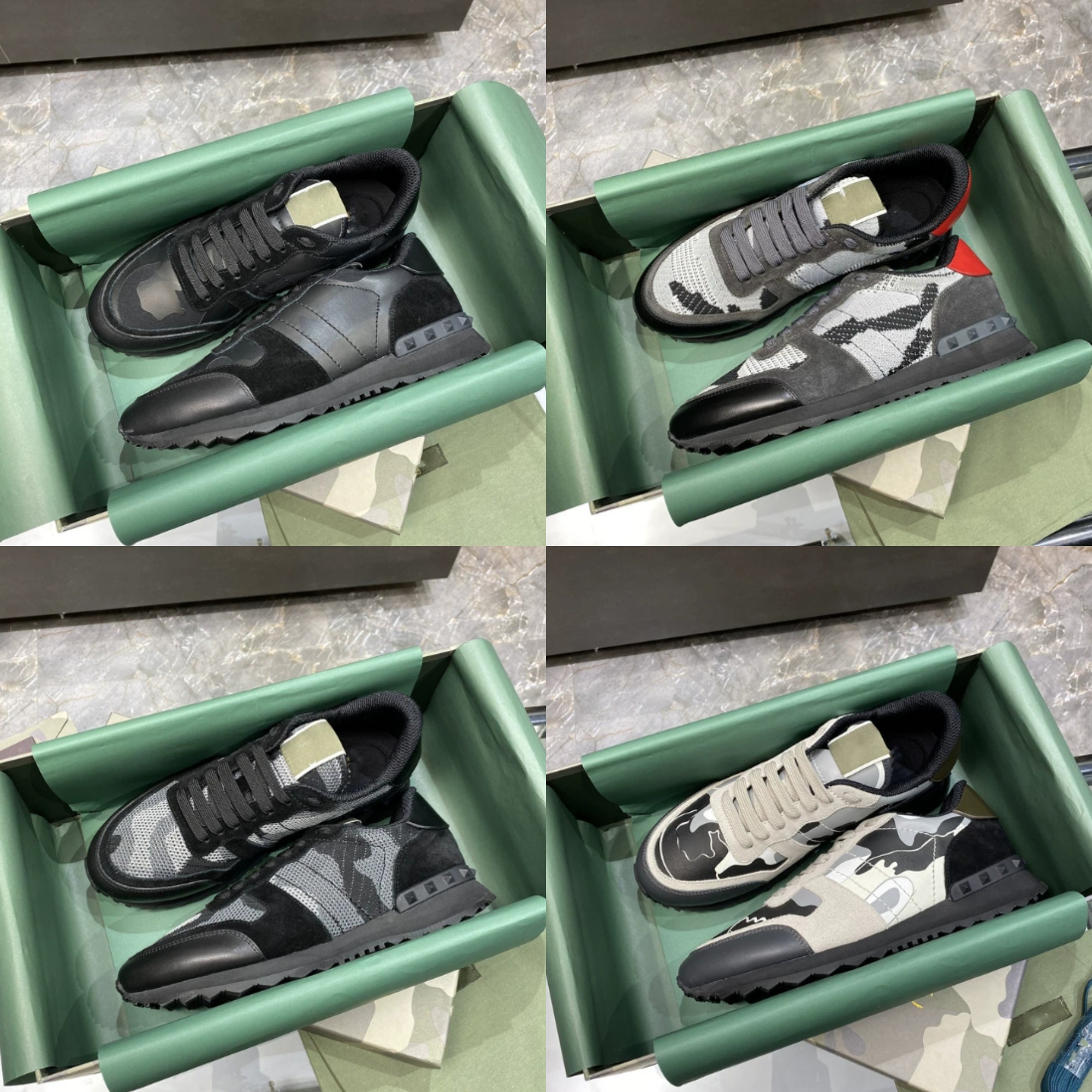 Designer Sneakers Men Women Camouflage Rivet Casual Shoes Mesh Camo Suede Leather Trainers Rockrunner Chaussures Studded Flats Shoe