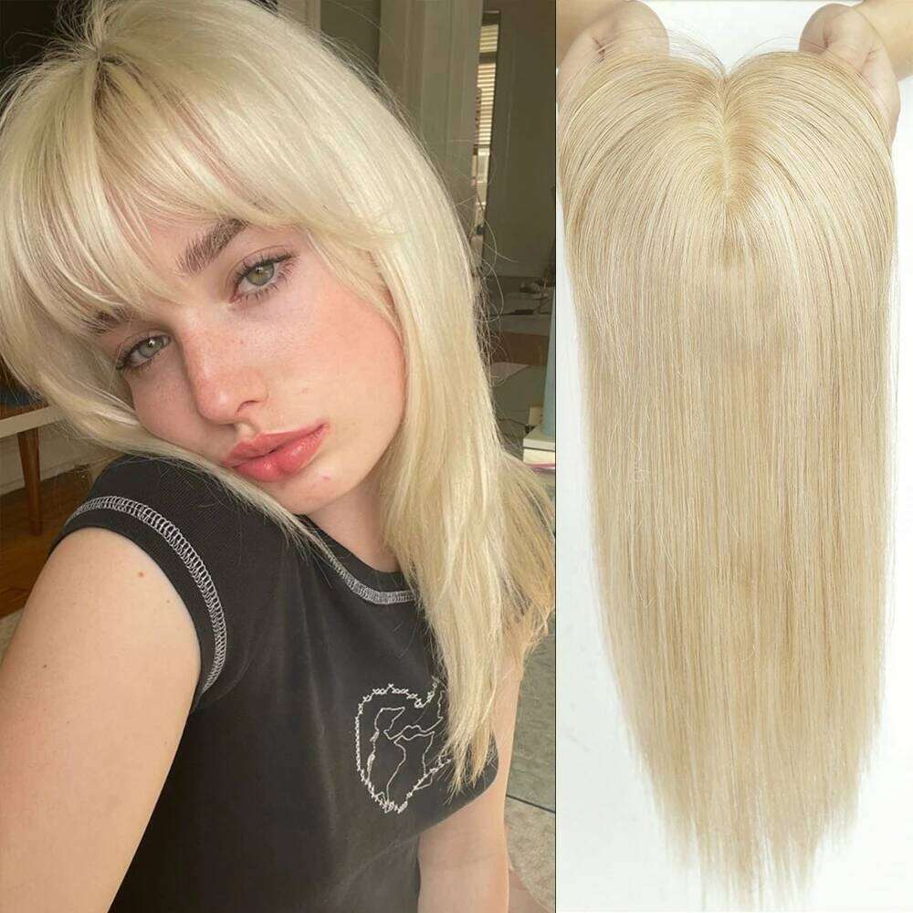 Blonde with Bangs Straight Hair Pieces Extension Clip in Remy Human Hairpieces for Women Silk Base Toppers