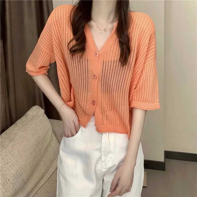 5 Neck Hollow Cardigan Women Summer Thin Short Sleeve Knitted Sun Protection Tops Korean Style Preppy All Match Crop Tops X250724