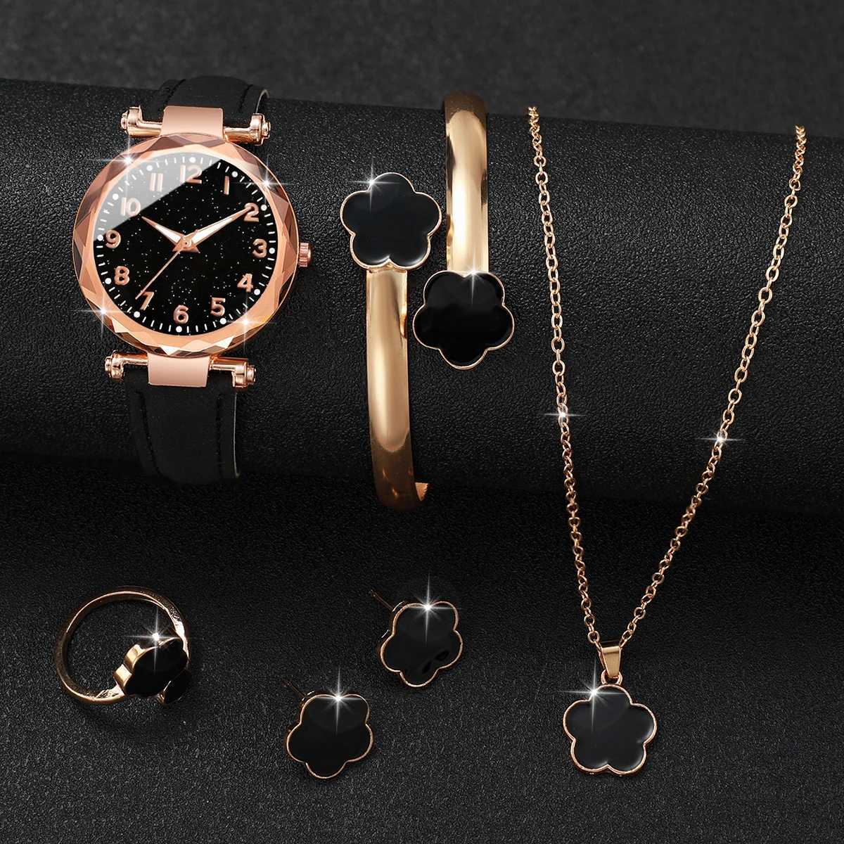 6PCs/Set Womens Watch Fashion Digital Leather Quartz Watch with Unique Flower Jewelry Set W250724