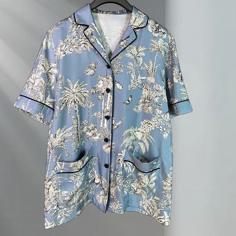 Ladies Silk Palm Print Shirt Pajamas Summer Designer Button-Down Sleepshirt Dual Pockets Clothing Y2K Resort Loungewear S0759