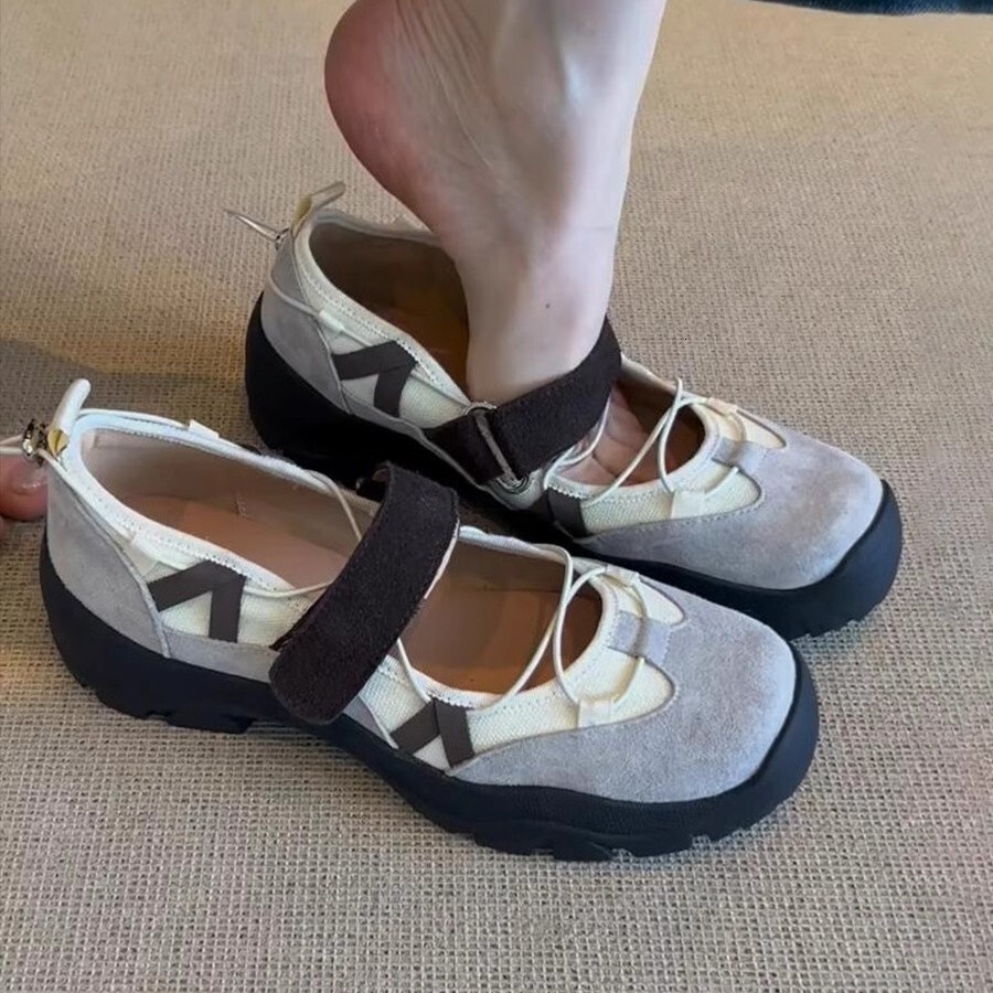 Cowhide Version ~ Thick-Soled Color-Block Sports Velcro Mary Jane for Women Genuine Leather Versatile Functional Style Single Shoes ddmythur
