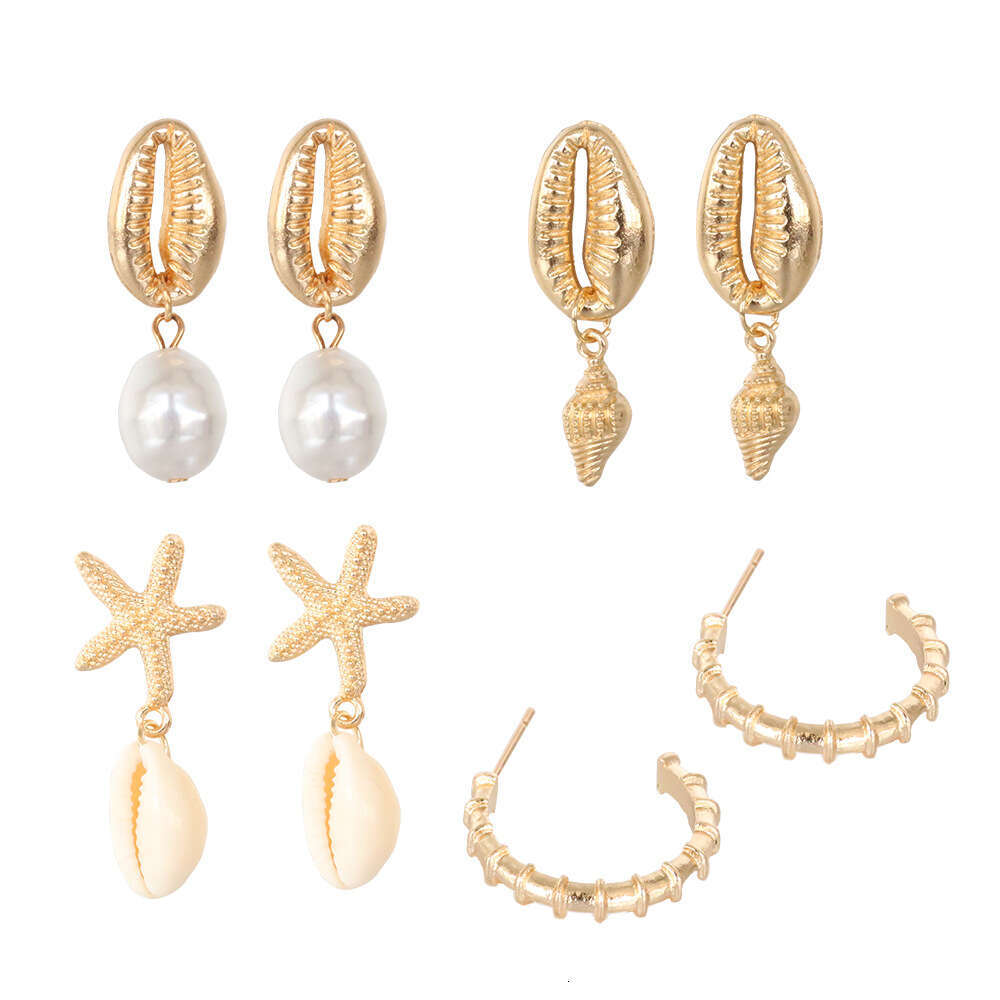 New Bohemian Natural Shell Irregular Pearl Conch Starfish Earrings Set of 4 Pairs