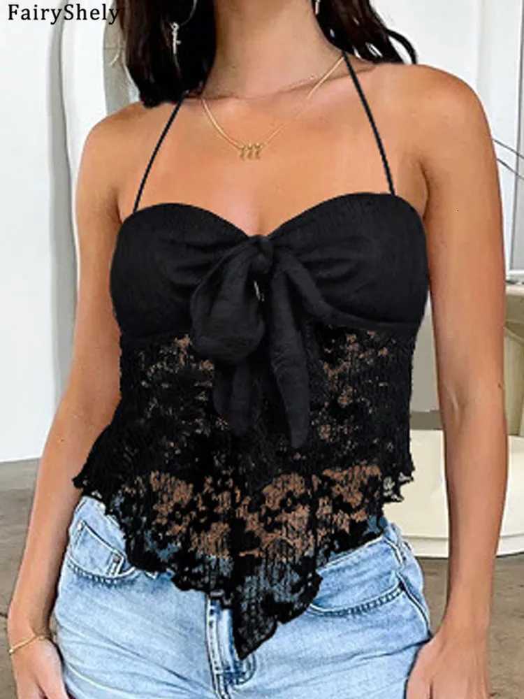 2025 Fairyshely Sexy Female Summer Solid Halter Top Women Lace V Neck Bodycon Strap Vest Sleeveless Off Shoulder Club Tops W250724
