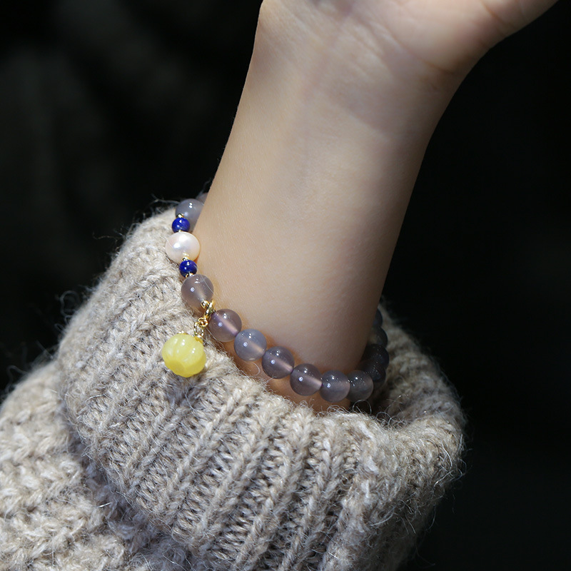 Chinese Style Natural Gray Agate Bracelet with Yellow Jade Pumpkin Freshwater Pearl Lapis Lazuli A Feminine Jewelry Piece
