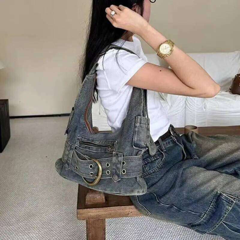 28GD Vintage Punk Denims Handbag with Adjustable Strap for Women Jeans Shoulder Bag