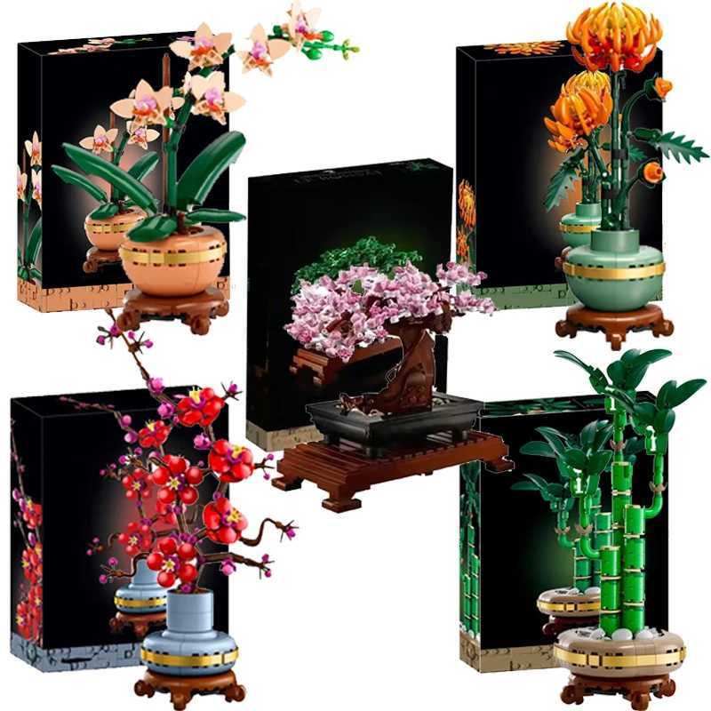 5 Types Bonsai Plum Blossom Orchid Lucky Bamboo Chrysanthemun Building Blocks Sakura Tree Botanical Bricks Toys Gifts For GirlsY250723