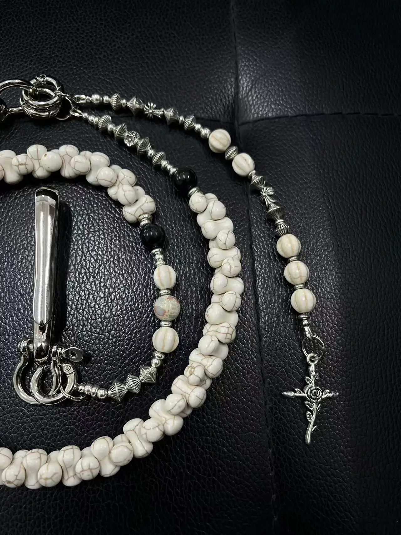 Original handmade punk style pants chain American white turquoise bone string cleanfit rose cross fashion accessory 250722