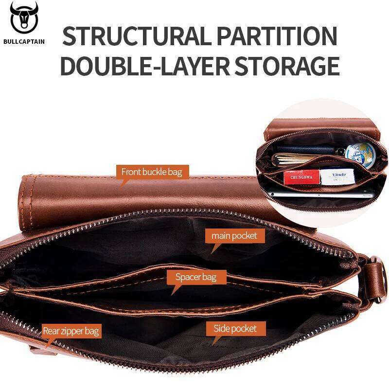 BULLCAPTAIN Men's Genuine Leather Crossbody Large Capacity Multifunctional Top Layer Cowhide Shoulder Fashion Man Bag