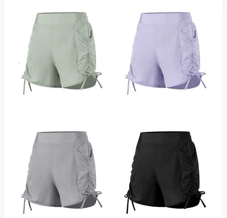 Yoga Shorts With Pockets Drawstring High Waist Fake Two Pieces Riding Sports Shorts Double Layer Workout Training Shorts XJ250724