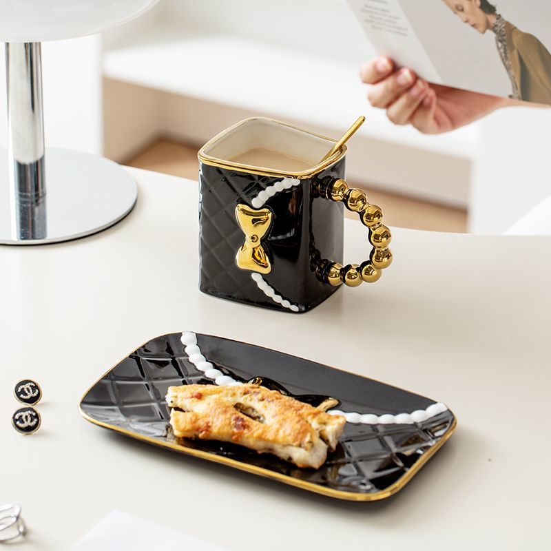 Designer Luxury 350ML Pearl Bow Bag Cup Coffee Cup Milk Cup Dish Set Home Office Afternoon Tea Ceramic Water Cup