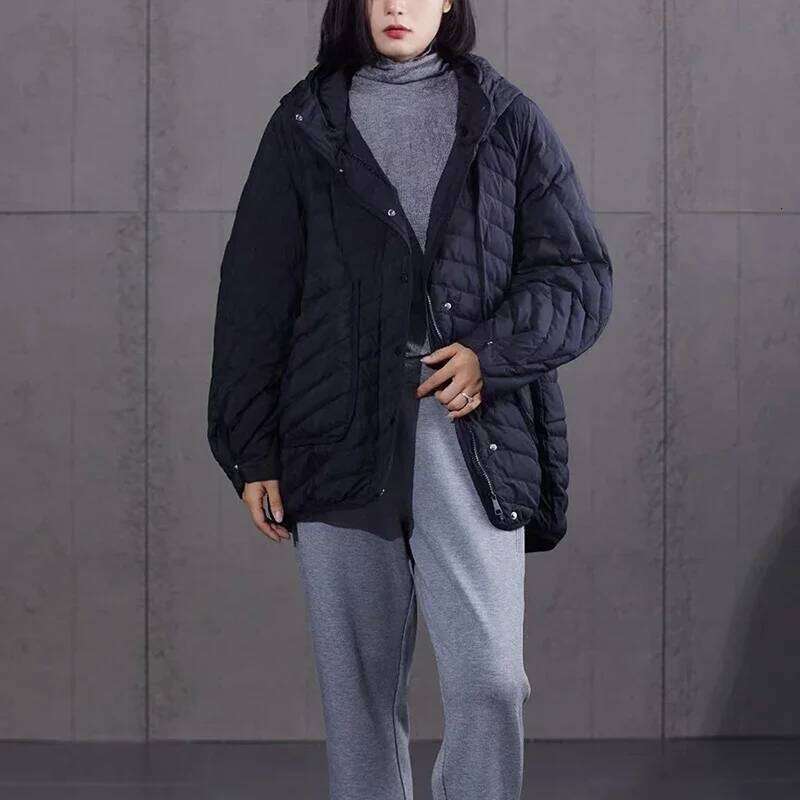 Schinteon Women 90% White Duck Down Jacket Over Size Loose Casual Autumn Winter Outwear Big Pocket Coat Hood 2024 New