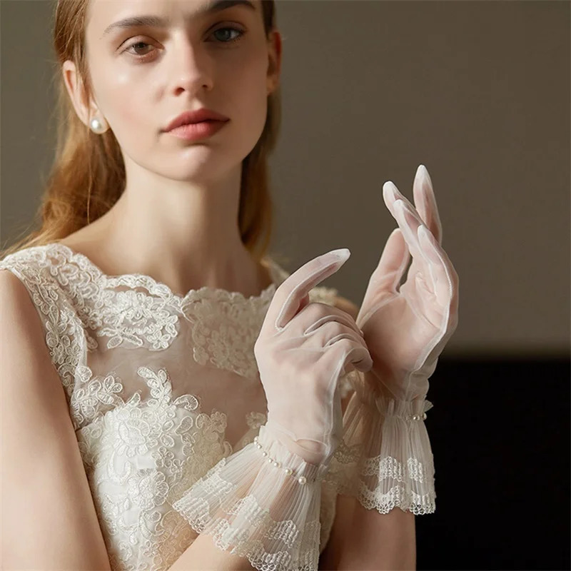 Elegant Lace Fingerless Gloves with Pearl Embellishments for Brides Proms and Special Occasions - Delicate Sheer Wrist Length 250722