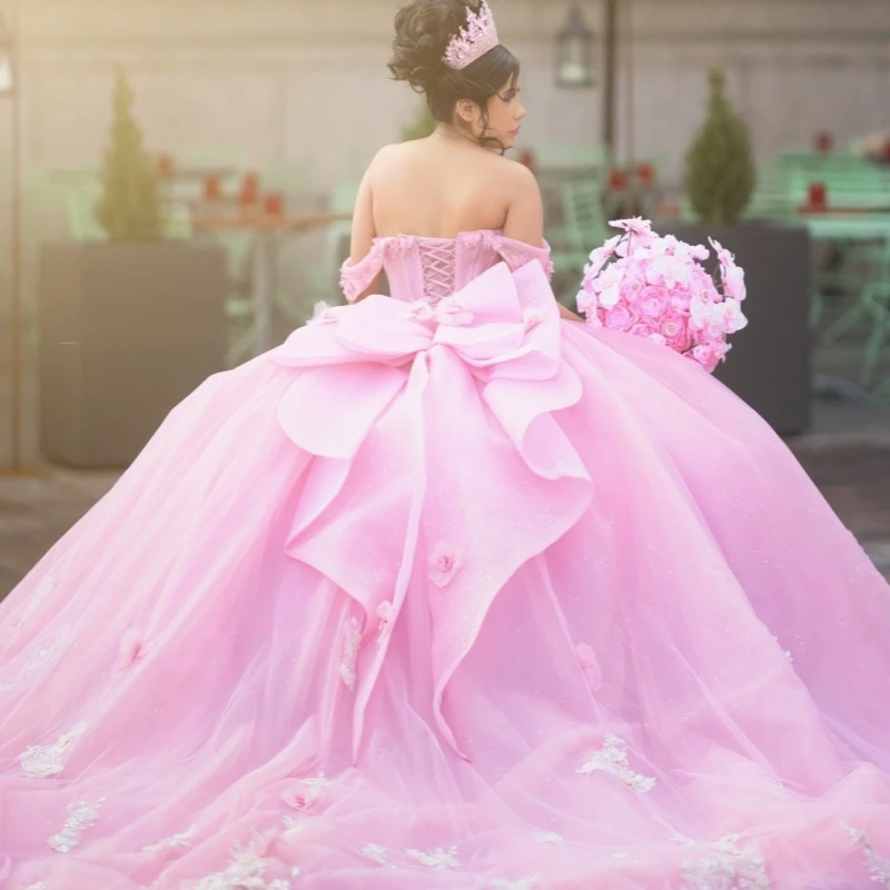 Pink Shiny Quinceanera Dresses Off Shoulder Ball Gown Sweet 16 Dress Applique Flower Beads Bow Tull Corset Birthday Party Vestidos 15 Anos