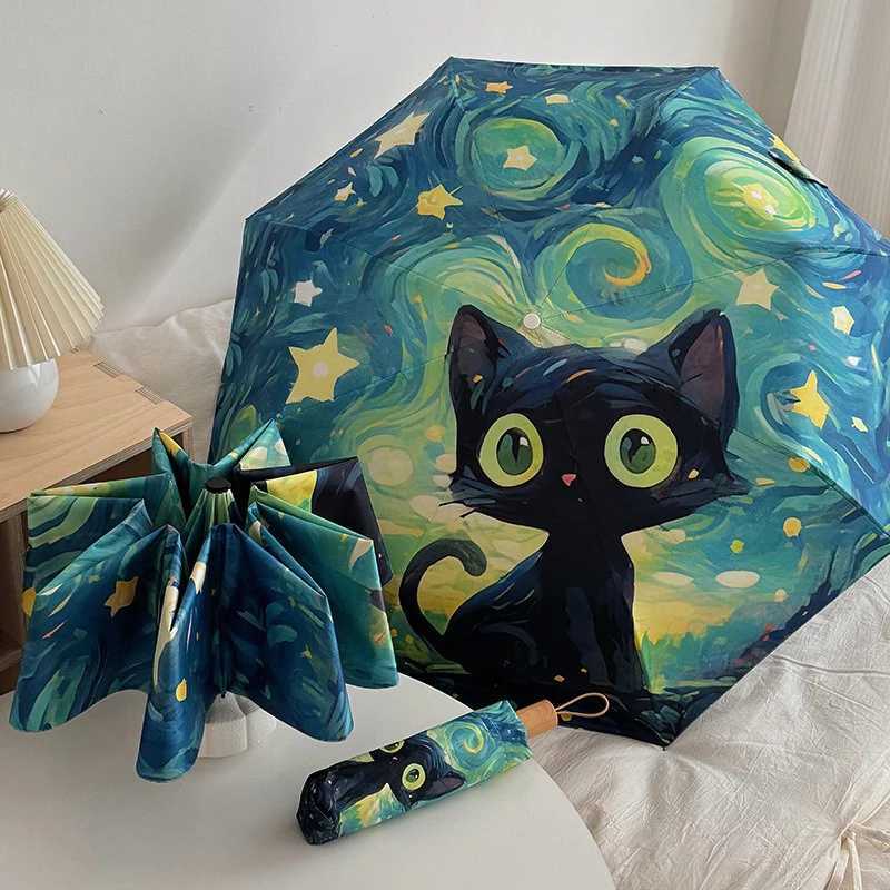 Blue Green Purple Powder Cat Cartoon Fold Umbrella Fully Automatic Umbrella Womens Dual-Purpose Sun Umbrella Portable Umbrella R250724