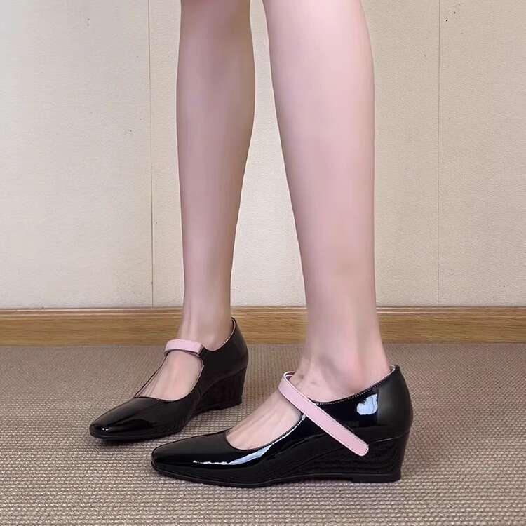 Heel Sandals Sandals Shoes Women Heels New Style Wedge Square Toe Shallow Mouth Mary Jane Shoes For Women Korean Version Velcro Color Block