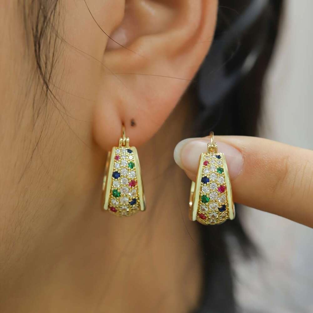 Colorful Zircon Earrings for Women, Elegant Niche High-end Hoop Earrings, Brass Gold-plated Fashion Simple Ear Jewelry