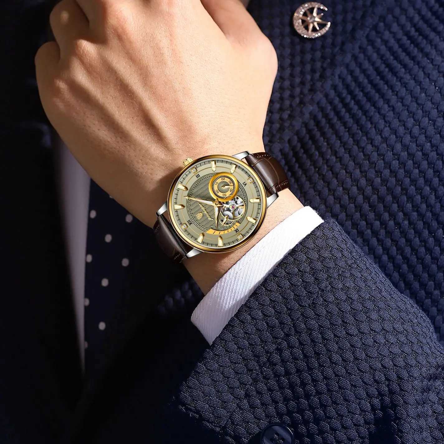 POEDAGAR Sports Luxury Men Clock Waterproof Luminous Man Watch Hollow Tourbillon Automatic Mechanical Leather Mens Watches Male W250724
